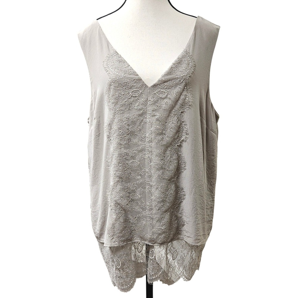 Antonio Melani‎ 100% Silk Lace Trim Tank Top Womens L Gray Sleeveless Blouse